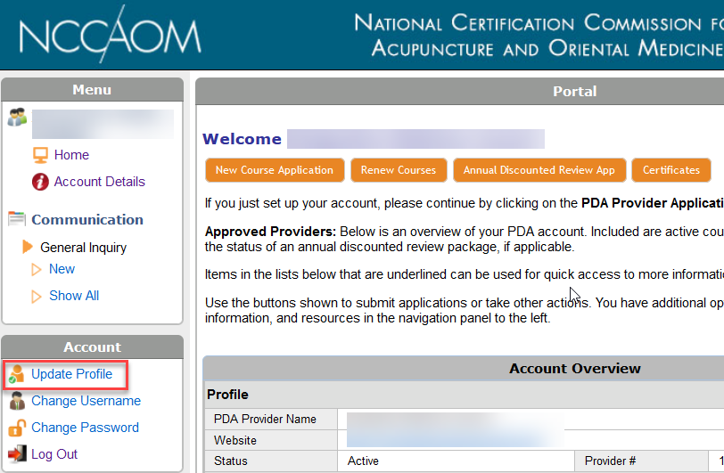 How do I update my contact information for my PDA Provider account